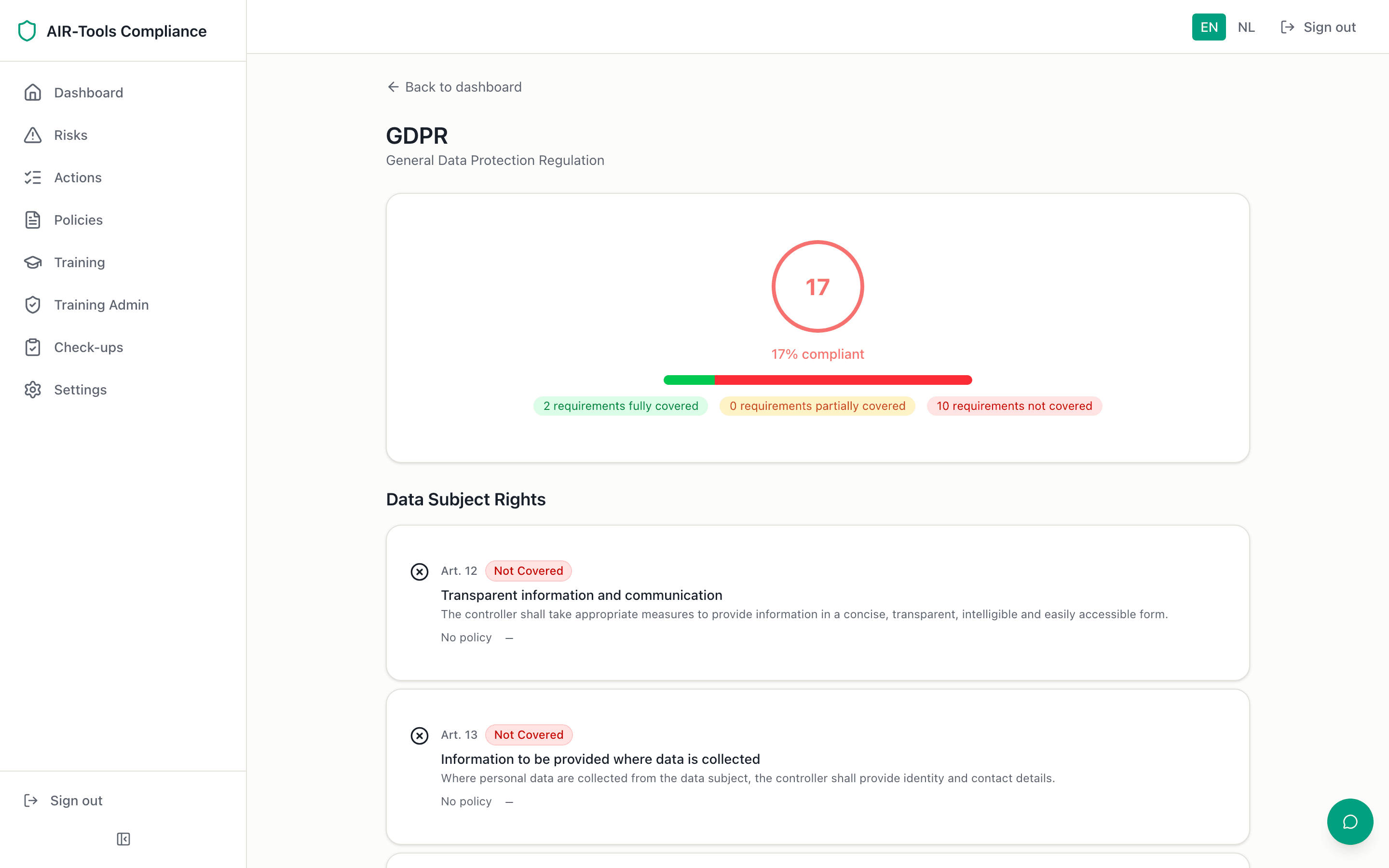 AIR-Tools regulatory compliance dashboard showing framework coverage