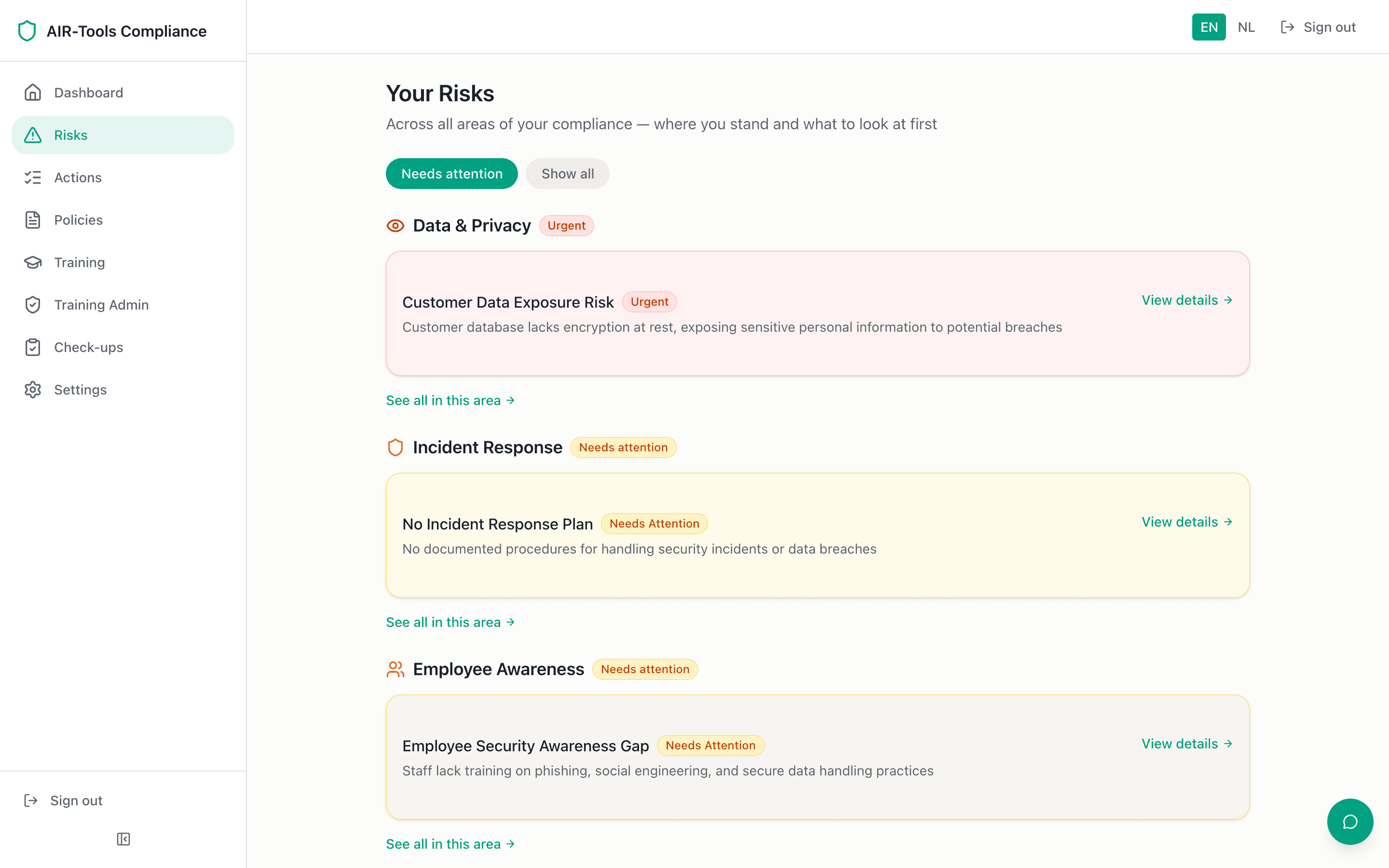 AIR-Tools risk overview with prioritized improvement areas