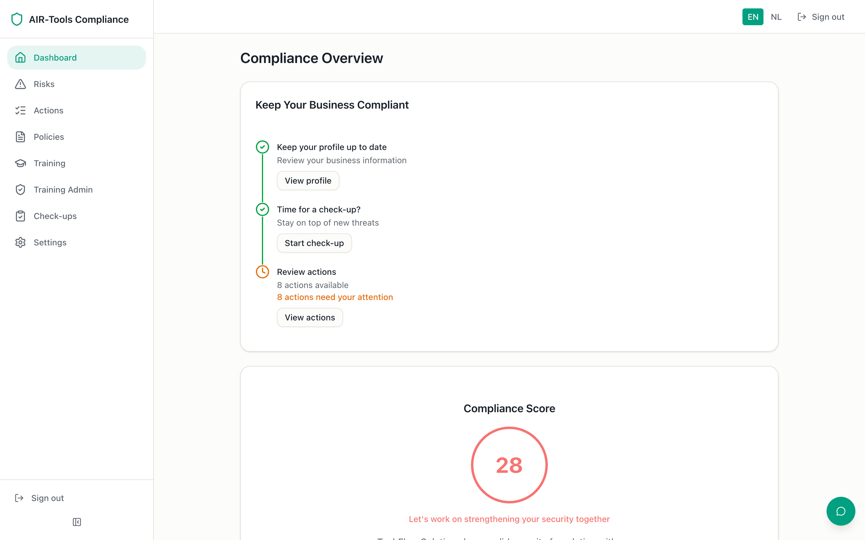 AIR-Tools dashboard met digitale gezondheidsscore en verbeterpunten