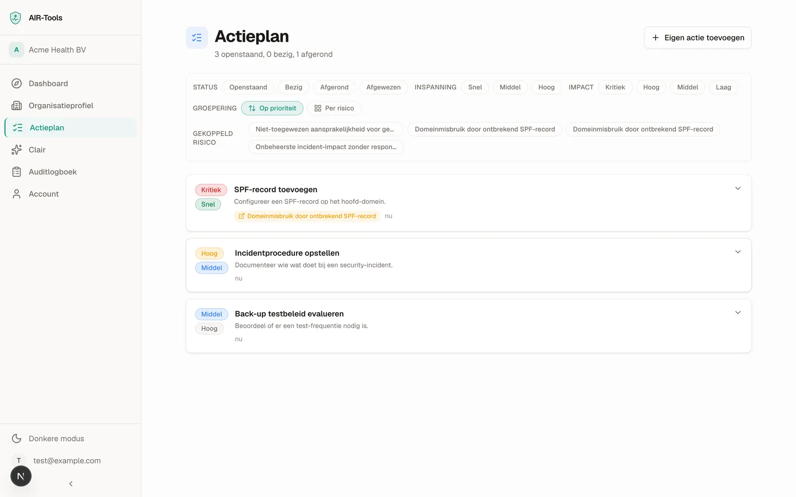 Het actieplan van Clair met geprioriteerde acties en de gekoppelde risico's.